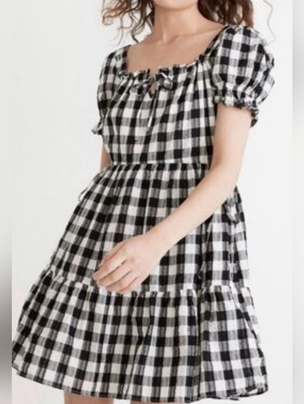 Madewell Black & White Tiered Tie-Front Mini Dress In Gingham Seersucker - Sz S